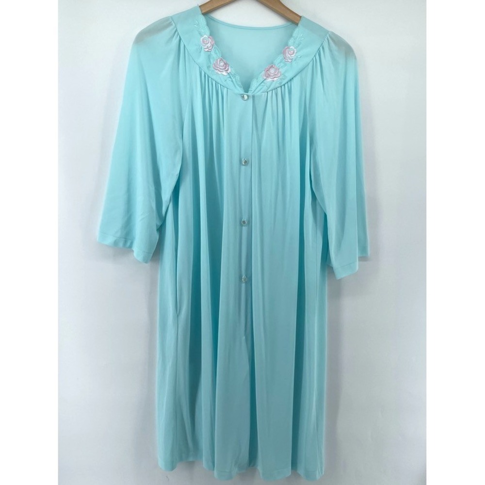 Vtg Shadowline Peignoir House Coat Robe M Blue Embroidered USA Cottage Granny